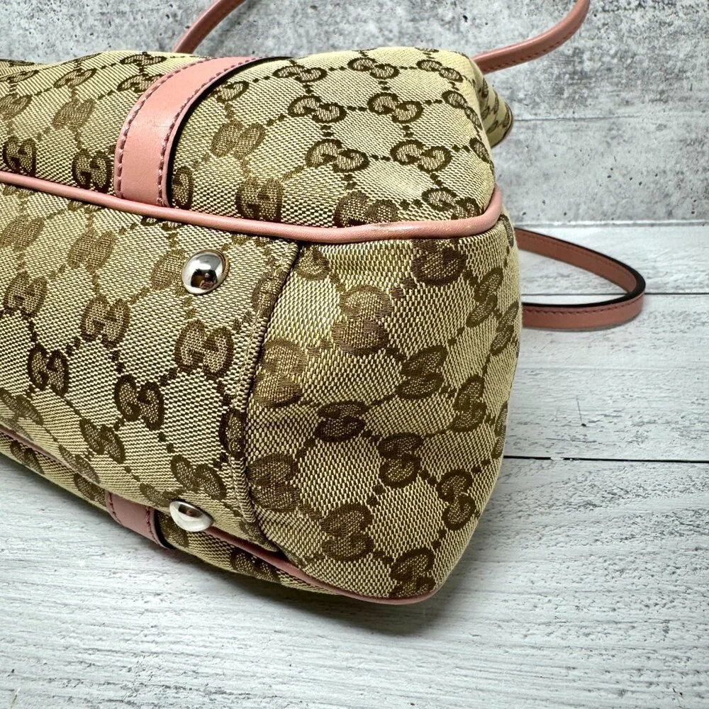 Gucci Beige GG Canvas Tote with Pink Trim and Gold Hardware
